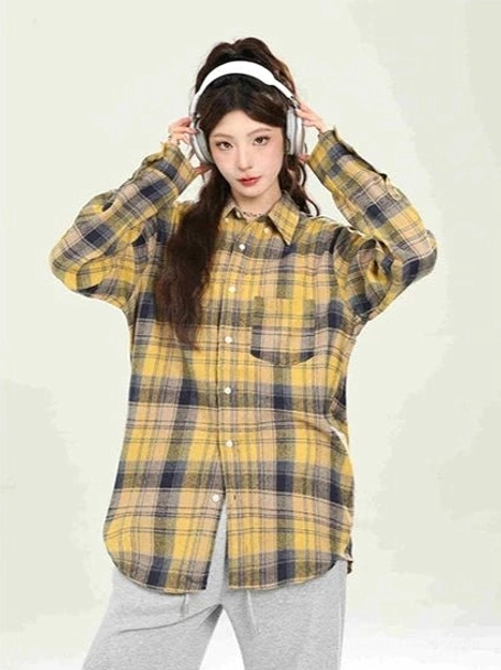 Yellow plaid oversized boyfriend shirt Korean streetwear color option product view