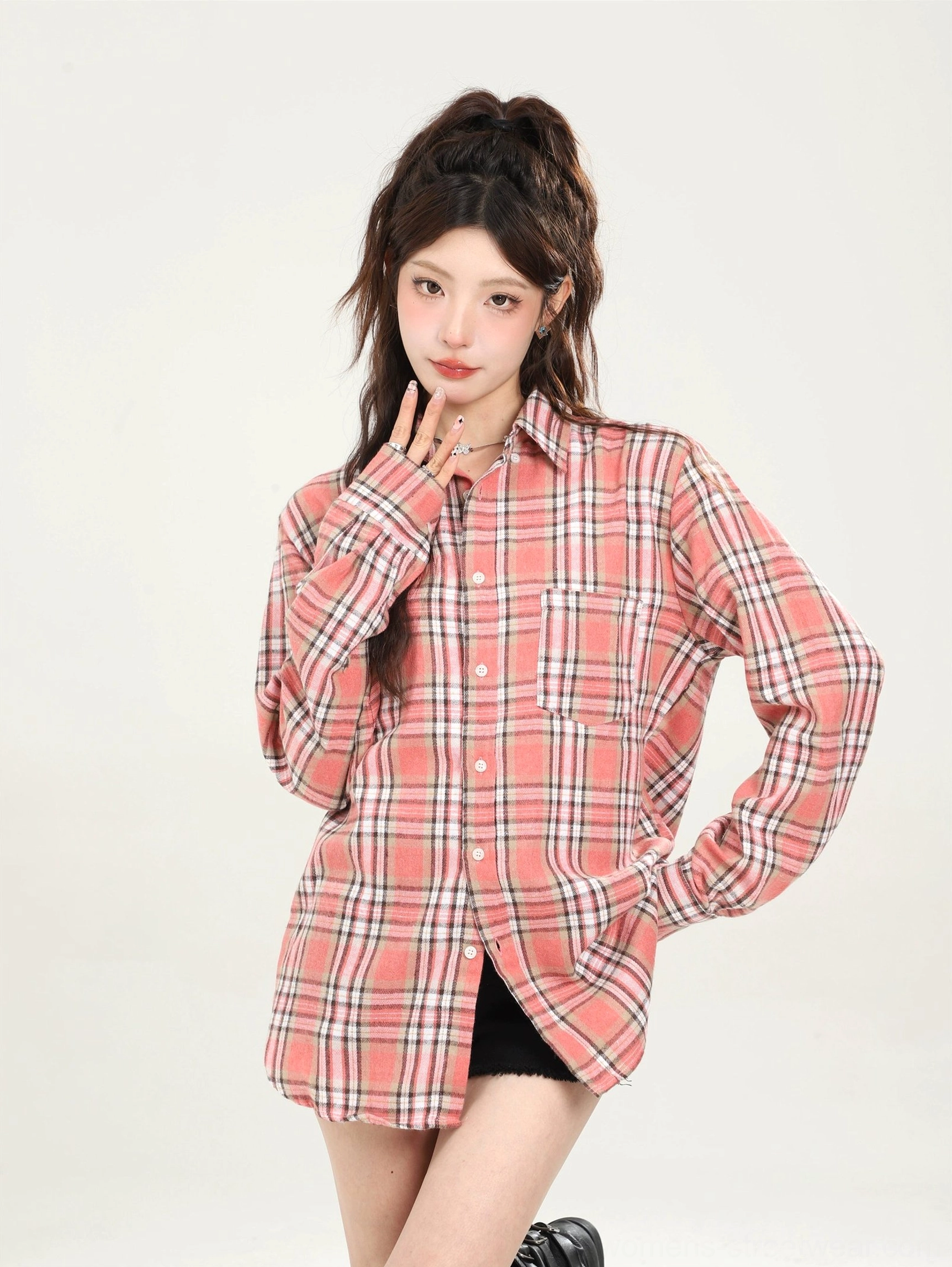Oversized plaid button-front shirt for Korean streetwear layering product view 30
