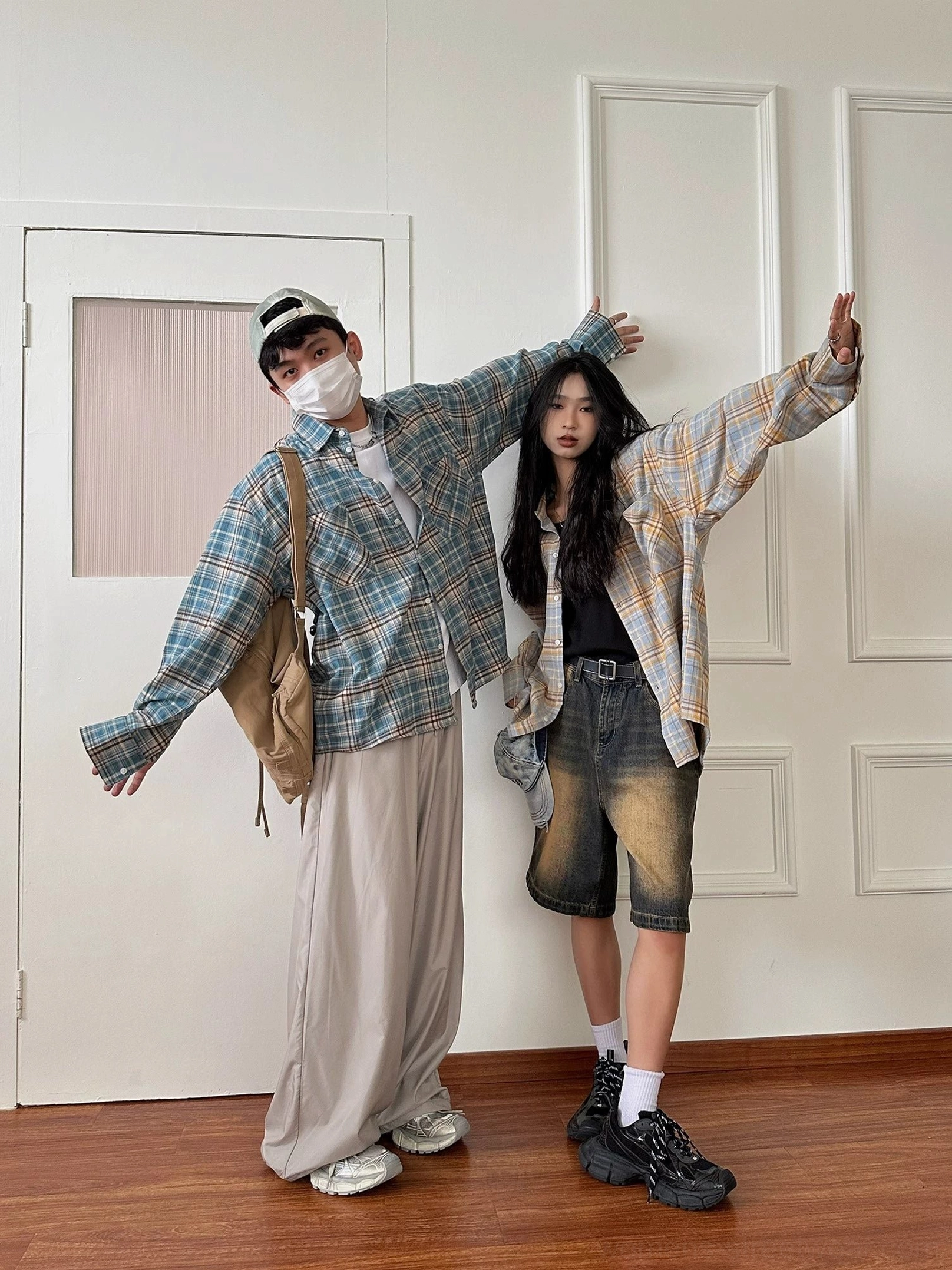 Oversized plaid flannel shirt for women in a casual Korean streetwear inspired tartan check design