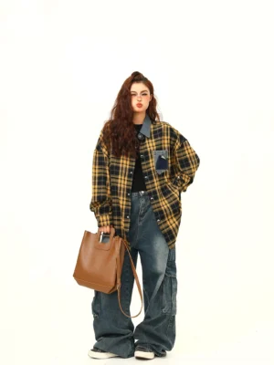 Yellow black oversized plaid patchwork shirt jacket with contrast denim collar and chest pocket front full body streetwear outfit