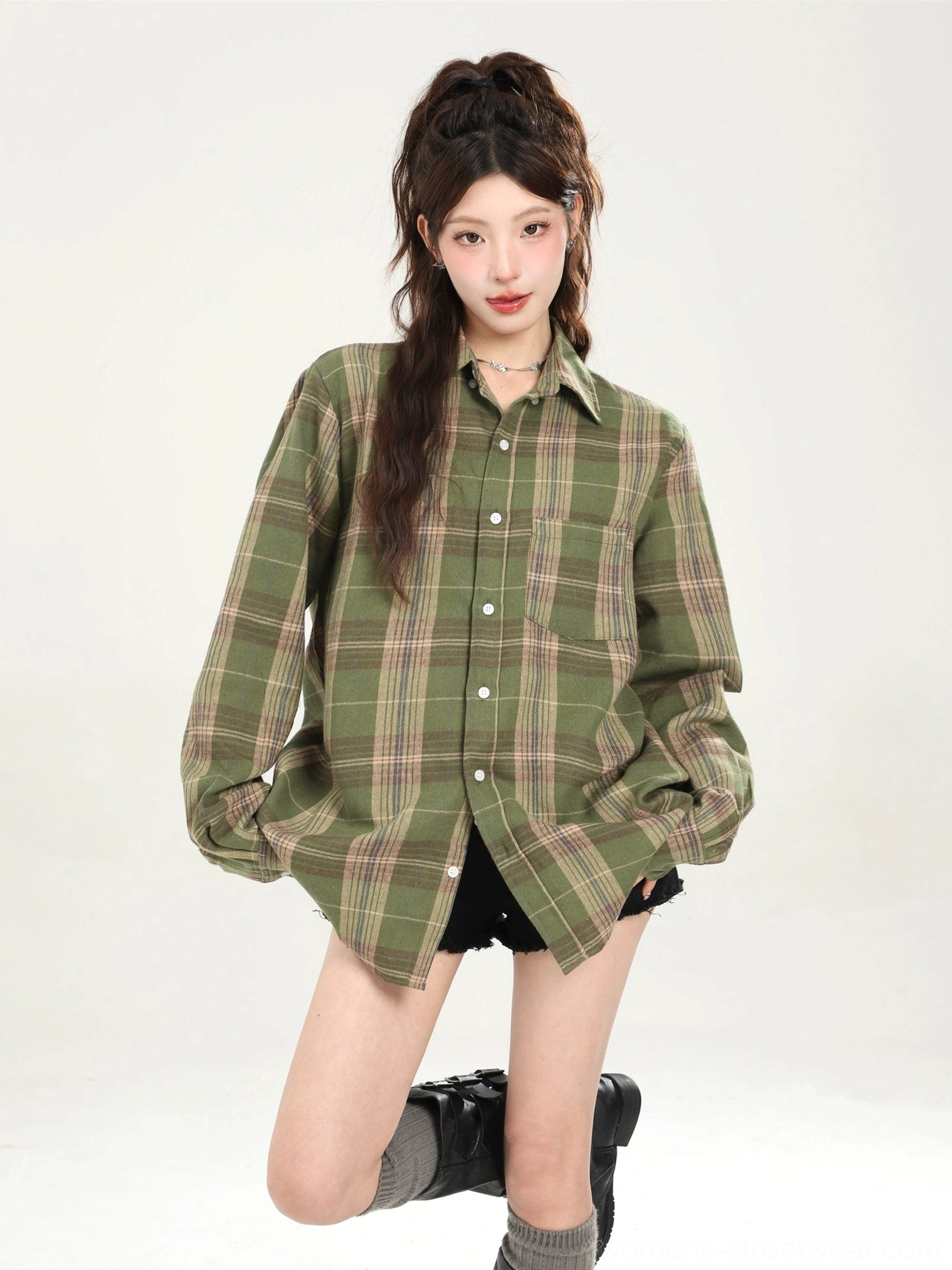 Oversized plaid shirt styled for casual Y2K streetwear product view 18