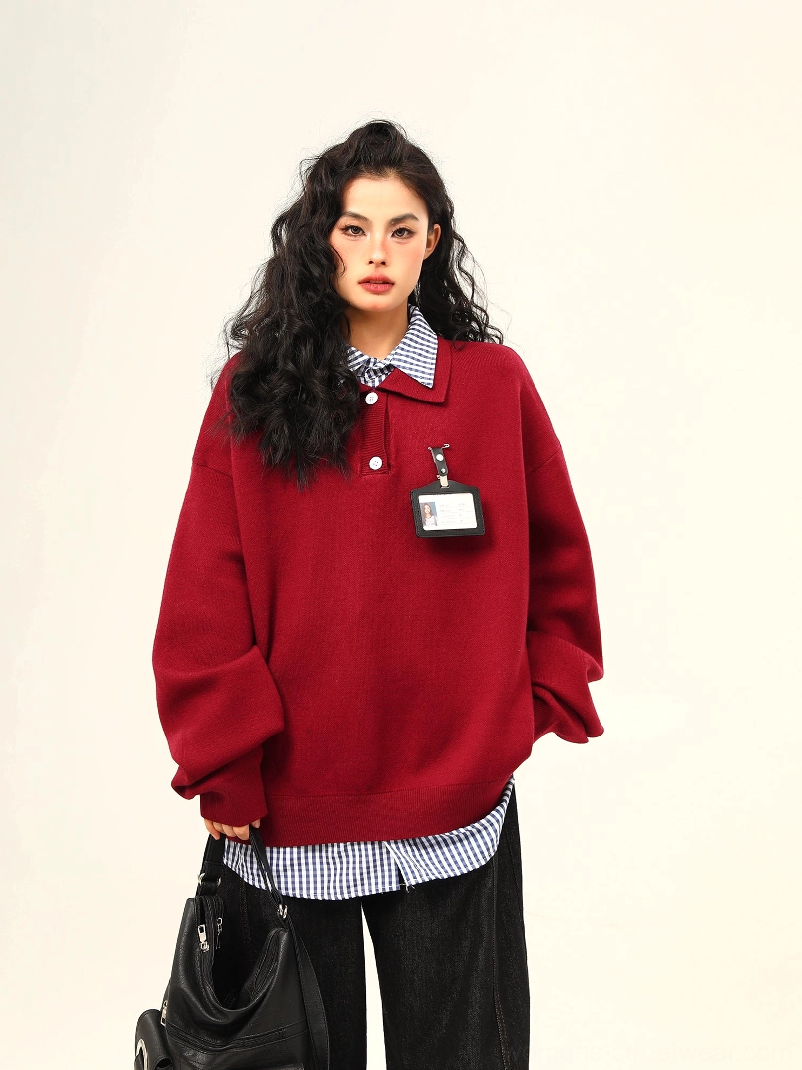 Oversized polo collar knit sweater in red and gray with relaxed proportions for Korean inspired everyday streetwear
