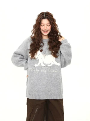 Gray oversized puppy graphic knit sweater styled with brown wide-leg cargo pants in a Korean streetwear outfit