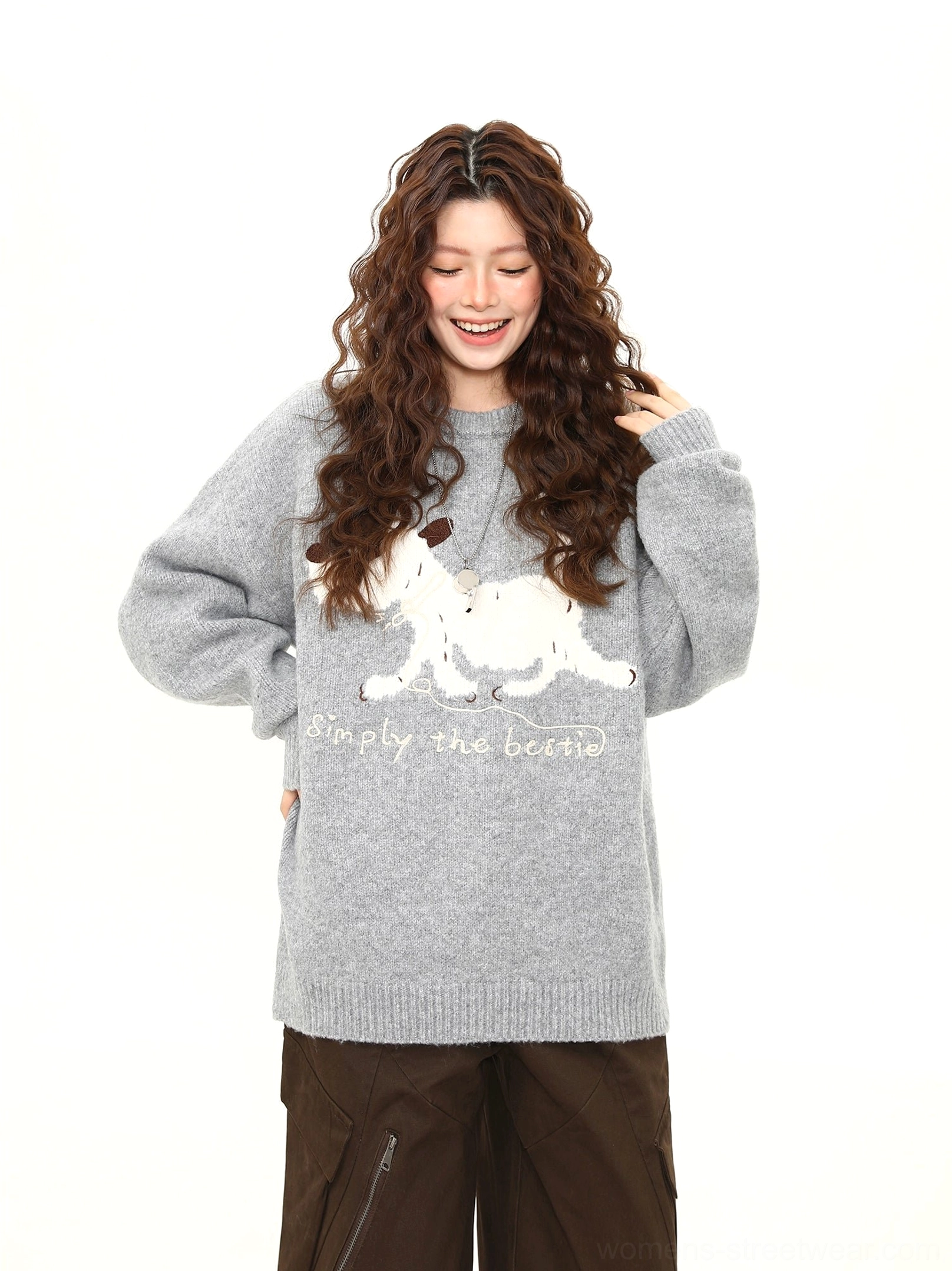 Gray oversized puppy graphic knit sweater styled with brown wide-leg cargo pants in a Korean streetwear outfit