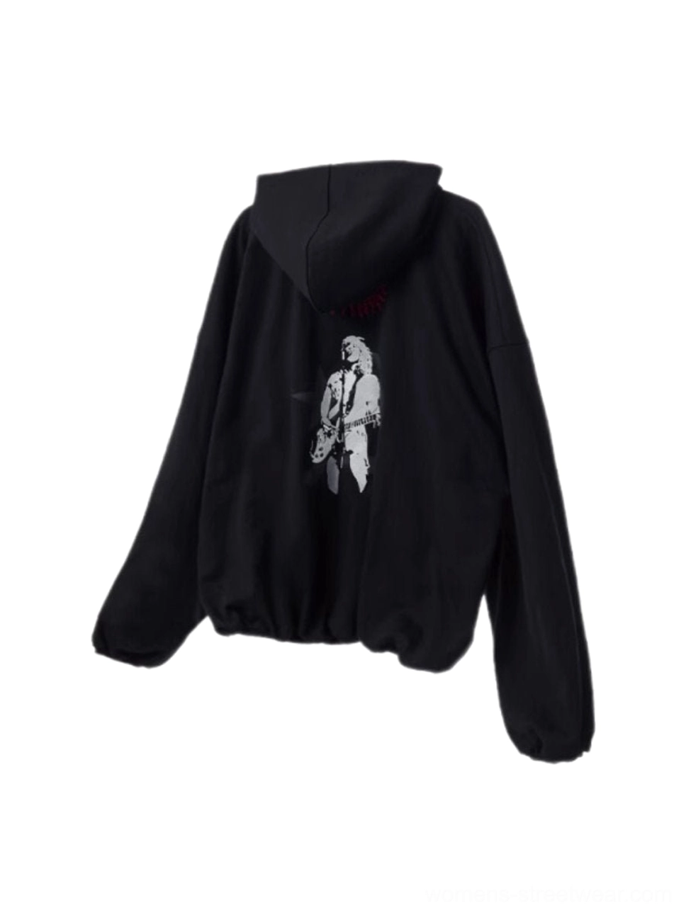 Oversized red star graphic hoodie in black streetwear style with front and back music-inspired artwork