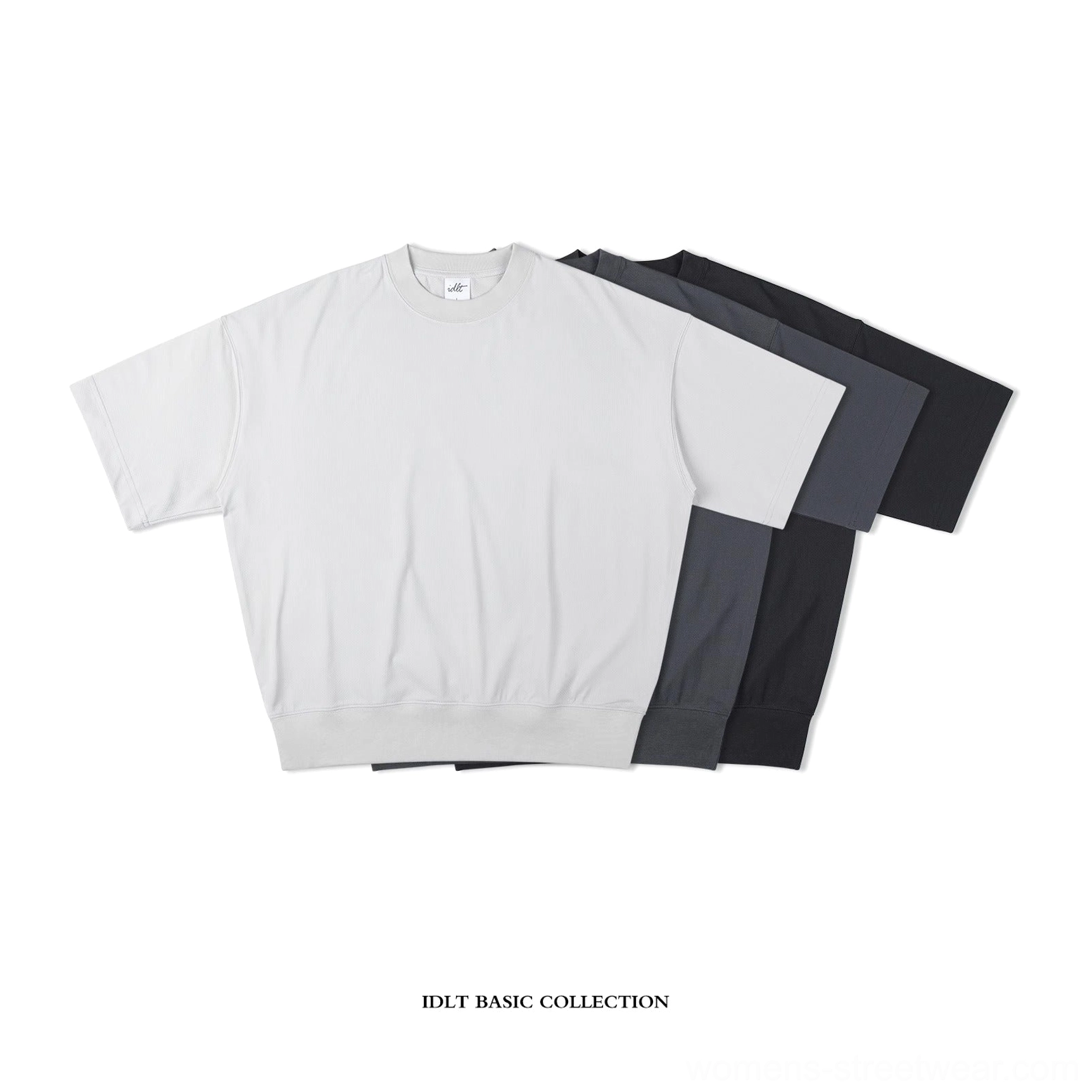Three color options of oversized relaxed fit sweater tee in light gray dark gray and black
