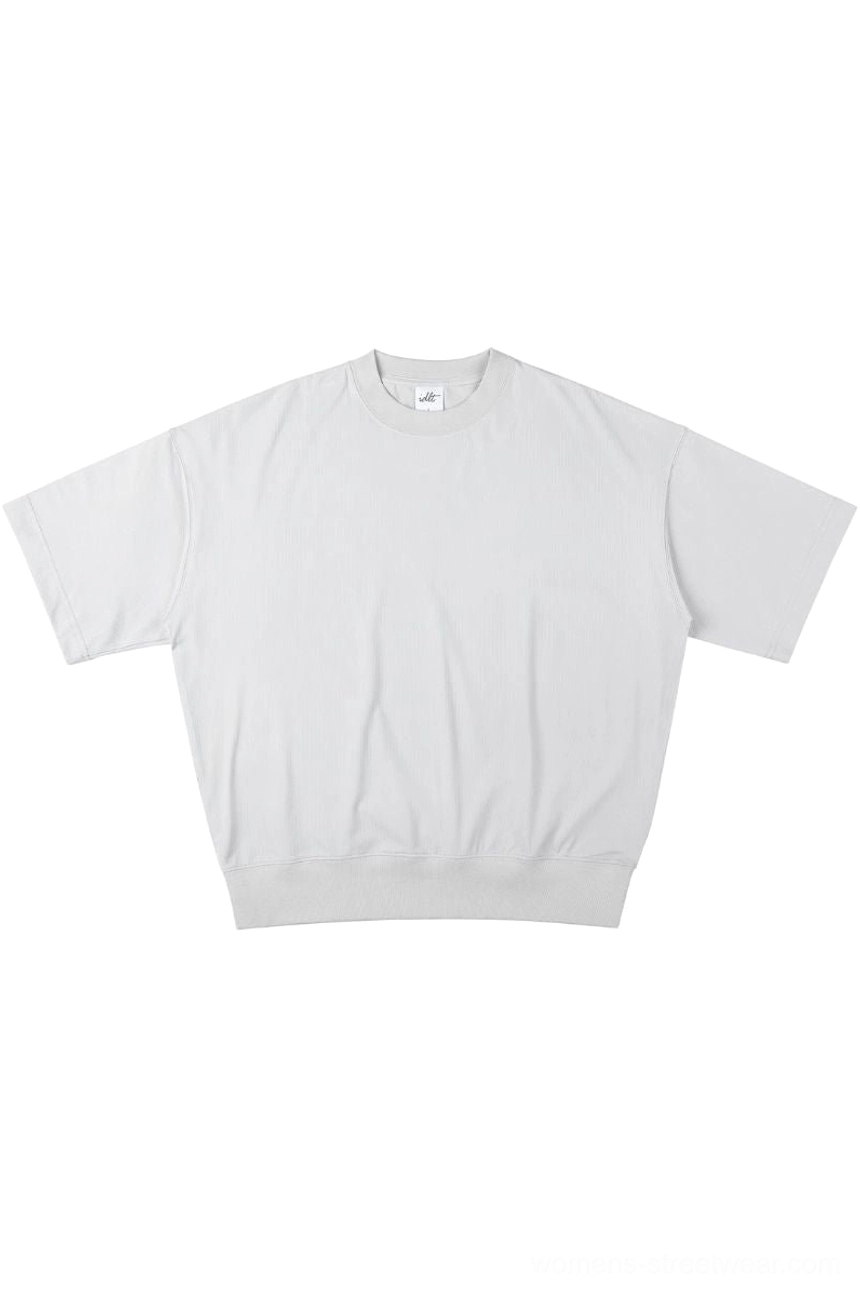 Light gray oversized relaxed fit sweater tee with ribbed crew neck, dropped shoulders, and loose Korean streetwear silhouette
