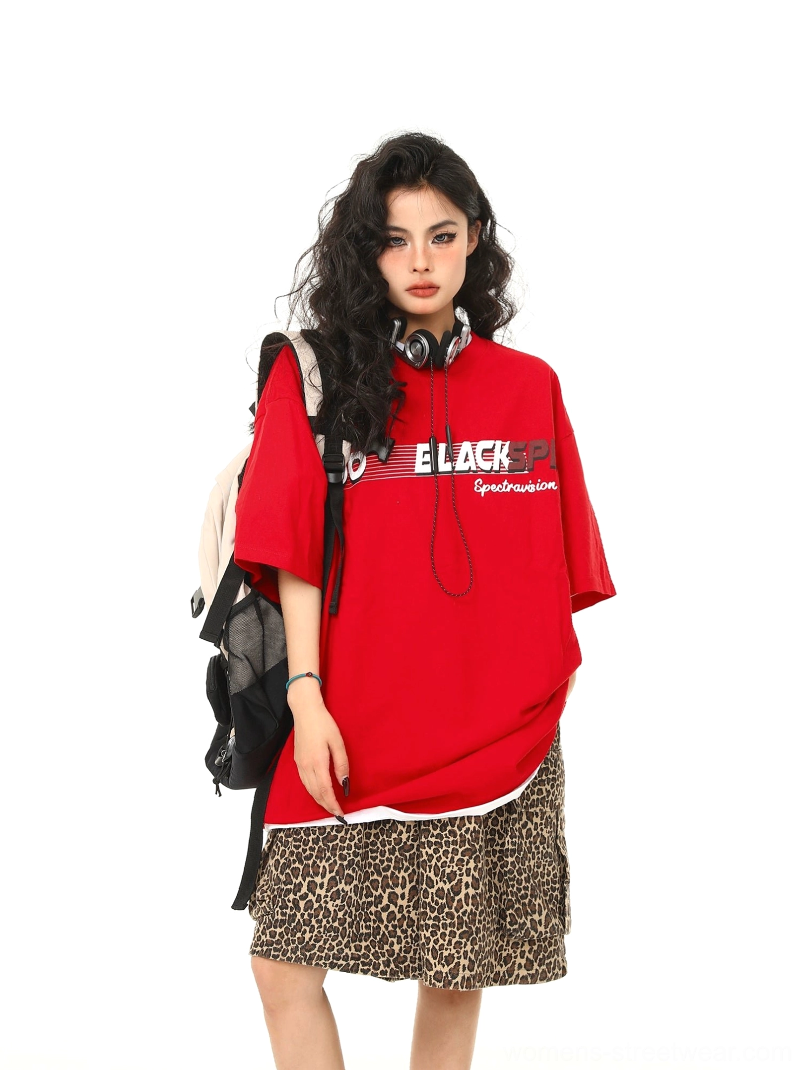 Red retro athletic graphic oversized t-shirt with black and white chest typography side view