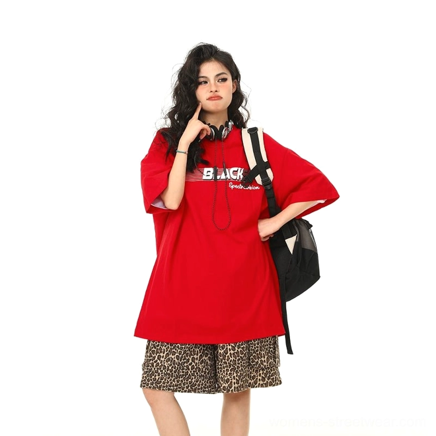 Red oversized retro speed graphic streetwear t-shirt color option with bold athletic lettering