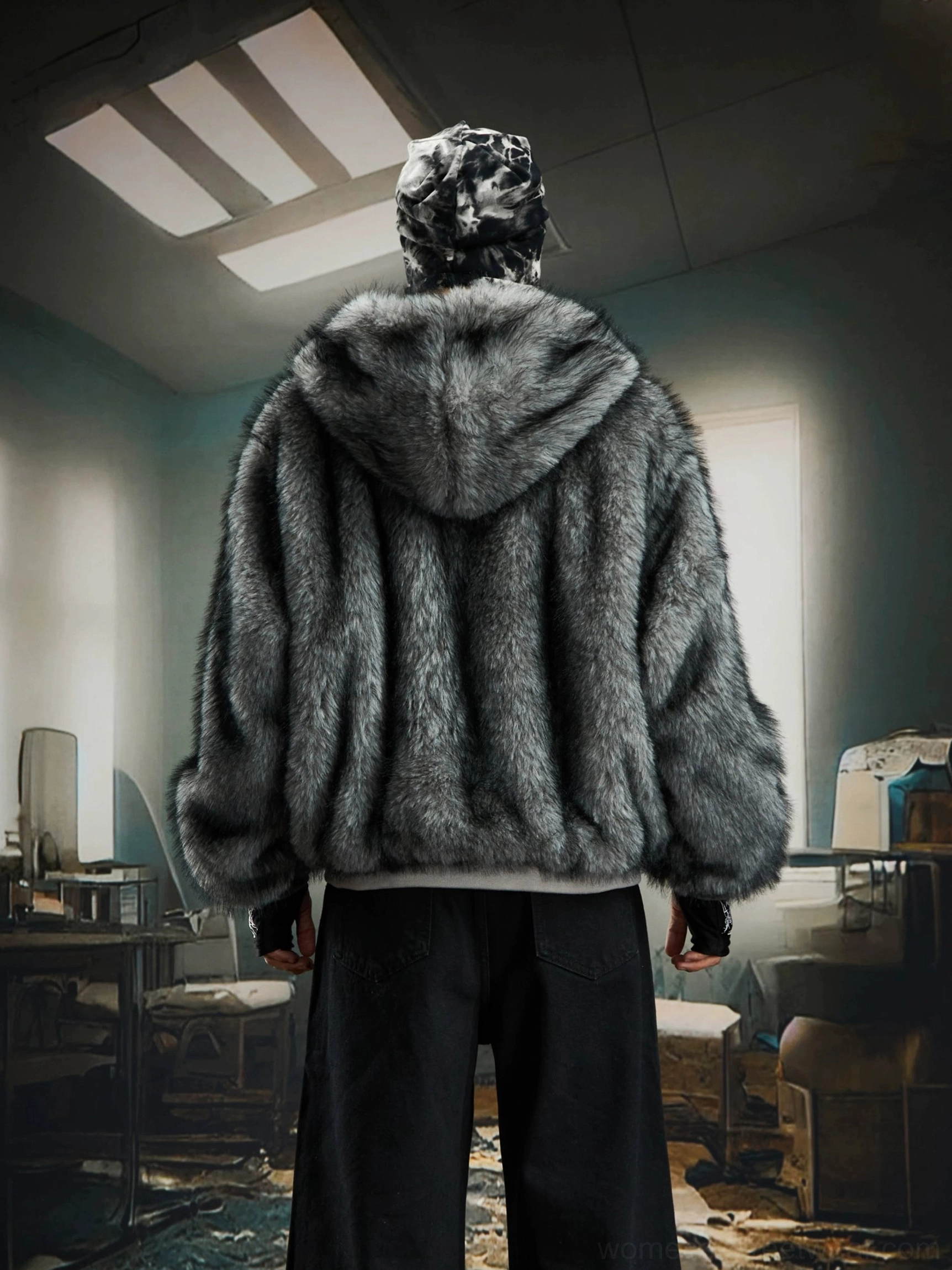 Oversized reversible faux fur hooded bomber jacket product detail for contemporary Seoul street fashion