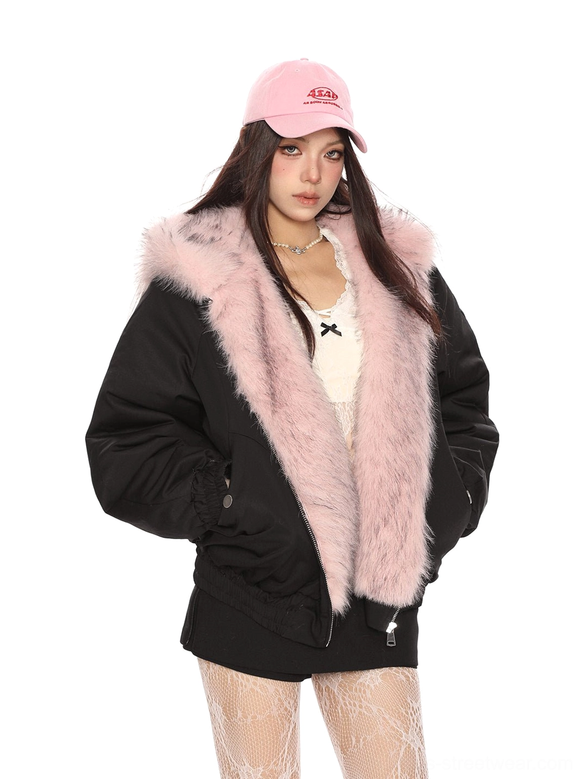 Black pink faux fur hooded puffer jacket showing drop shoulders and zip front closure