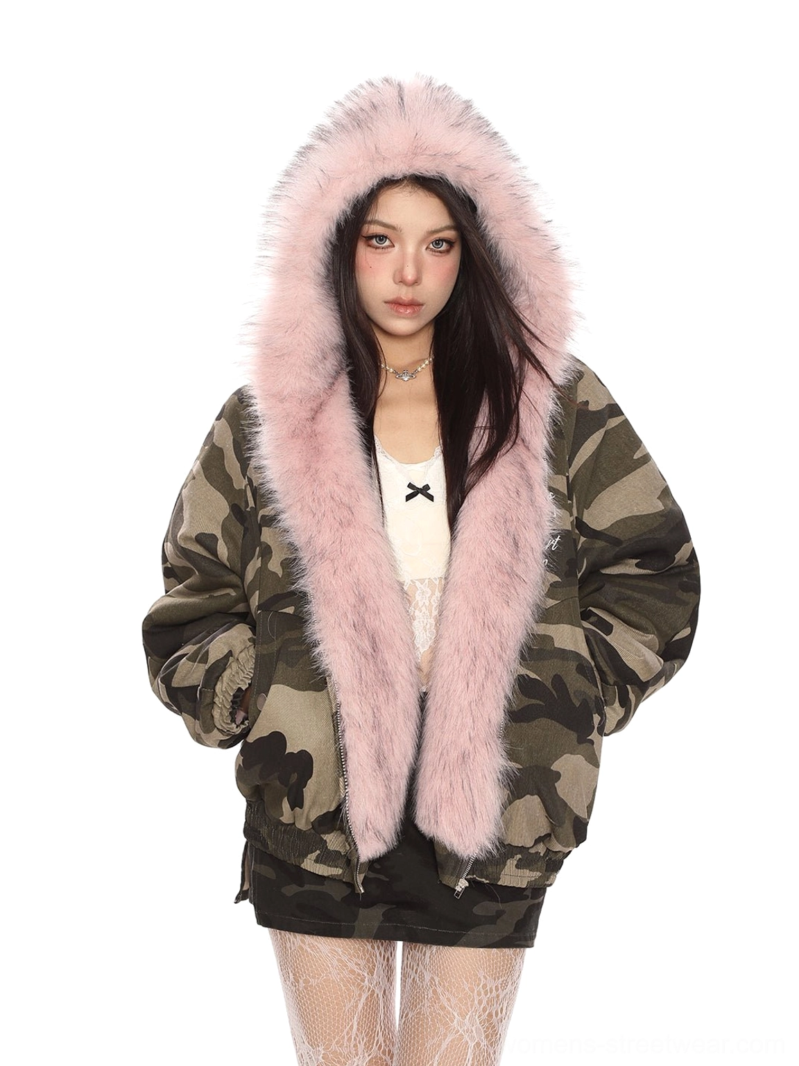 Camouflage oversized reversible puffer jacket with statement pink faux fur hood and front trim