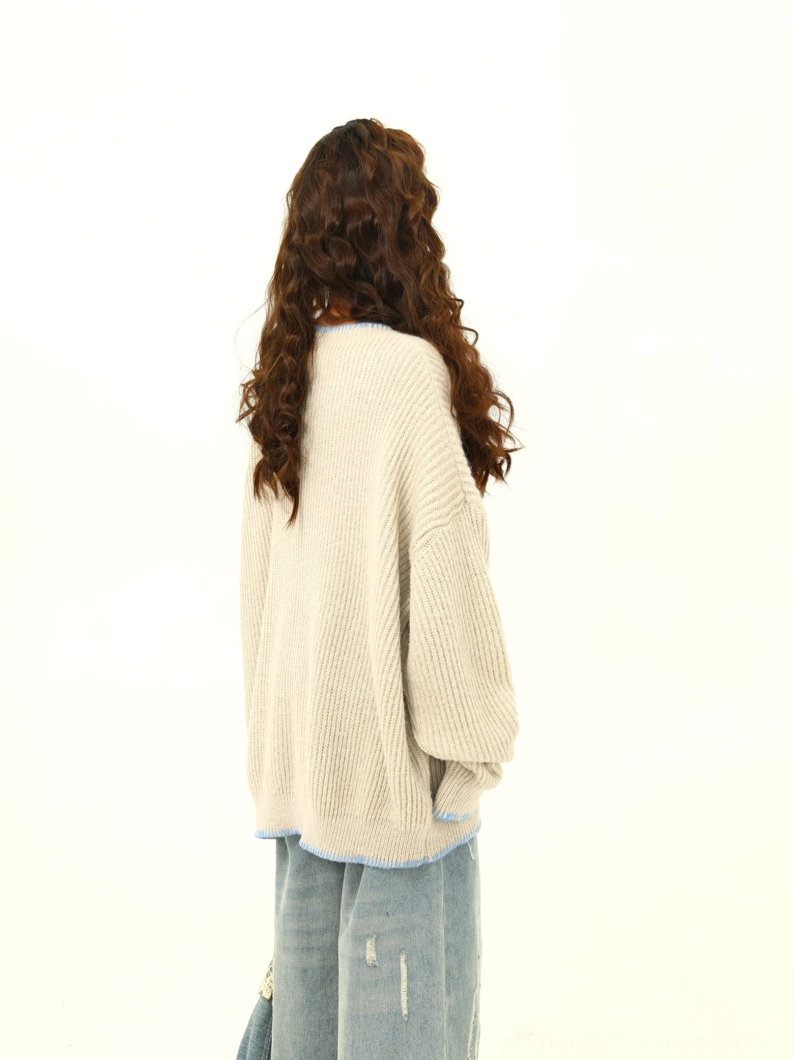 Oversized ribbed Henley knit sweater product image with relaxed Korean streetwear silhouette and contrast trim