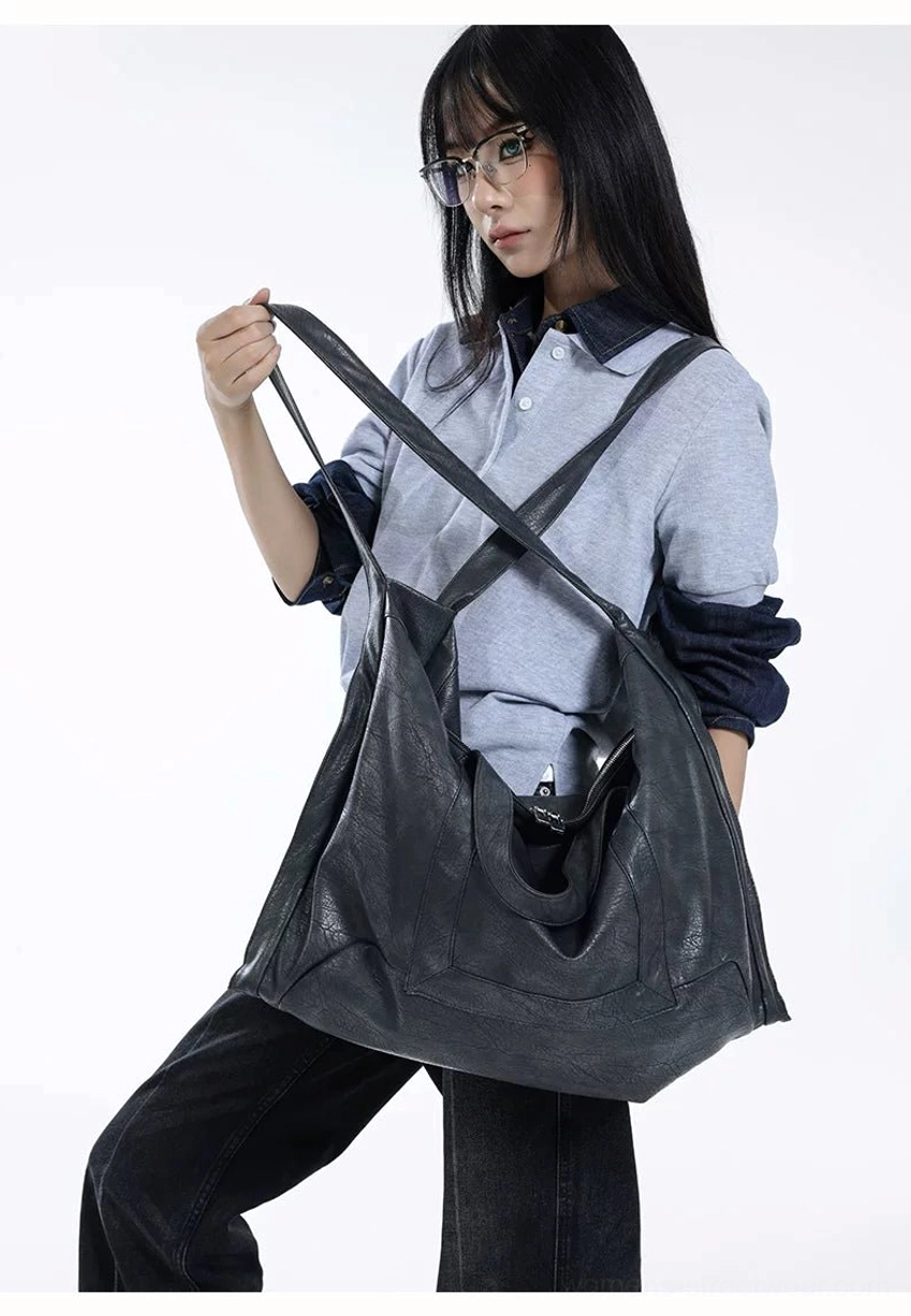 Oversized Shadow Drape matte PU leather shoulder tote bag back three-quarter view showing soft draped silhouette