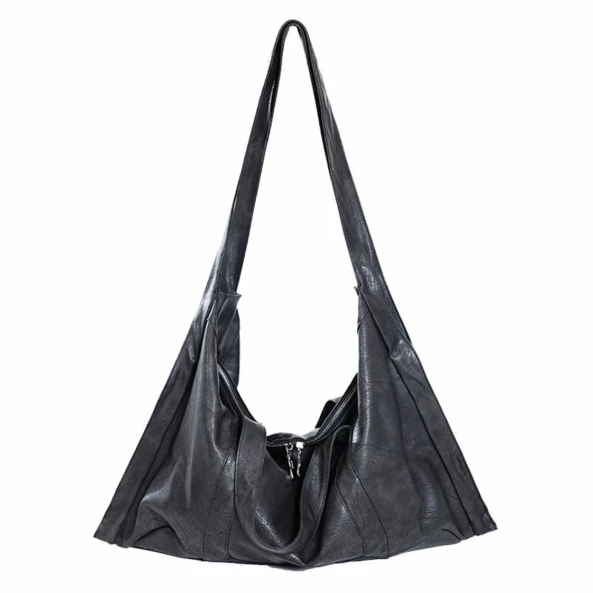 Oversized Shadow Drape slouchy PU leather tote bag in dark gray with roomy draped streetwear silhouette
