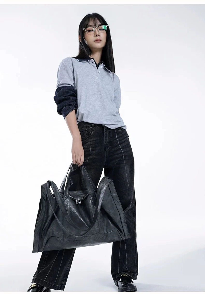 Oversized Shadow Drape matte PU leather tote bag shown with top handles and roomy slouchy body