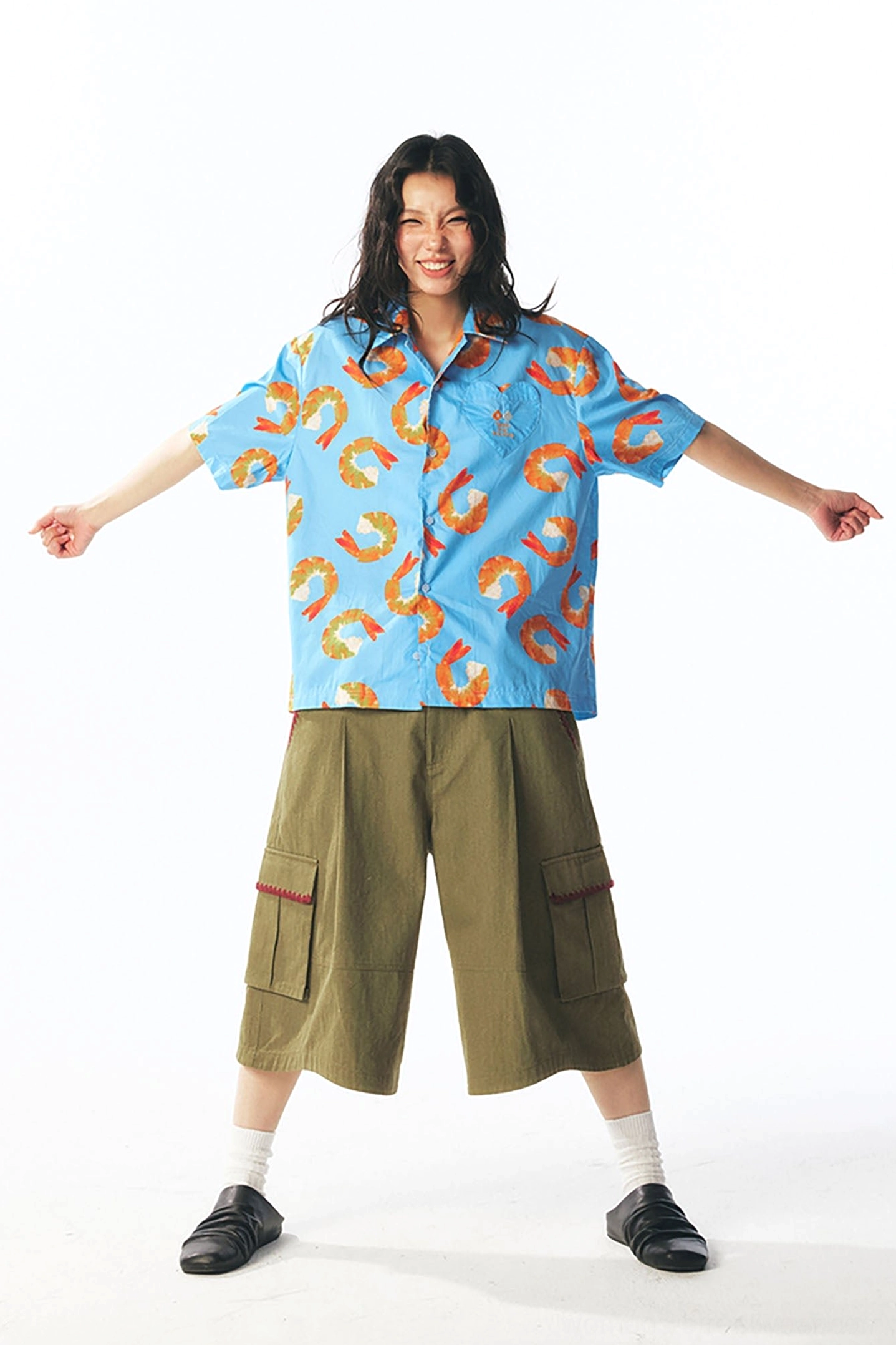 Full front view of oversized shrimp print short-sleeve shirt showing boxy fit, neat collar, and all-over graphics