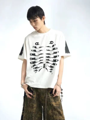 White oversized skeleton graphic raglan streetwear T-shirt front view with black ribcage print and contrast shoulder panels