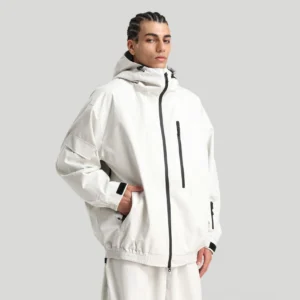 Off white oversized storm shell jacket with hood, waterproof chest and sleeve zipper pockets, adjustable cuffs, and elasticated hem