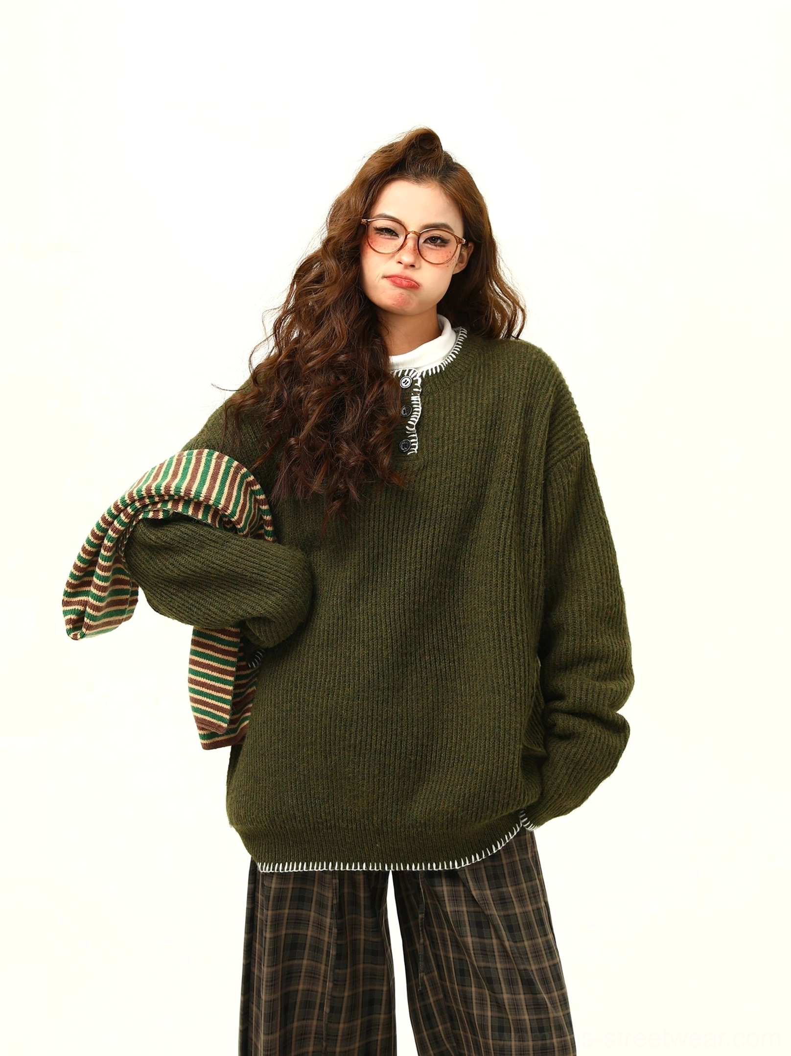 Oversized streetwear knit sweater product image with half-button neckline and contrast edge detailing