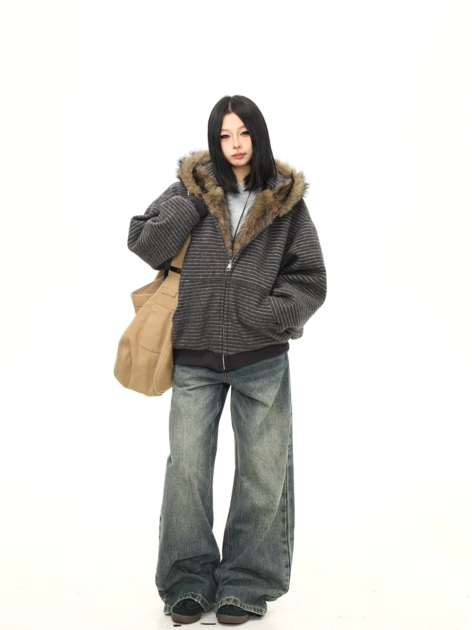 Oversized striped faux fur hooded winter jacket with soft padded body and cozy brown synthetic fur trim