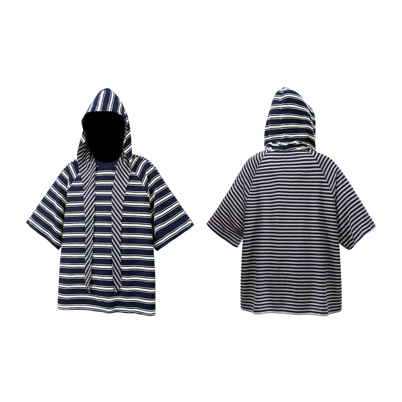 Blue and white oversized striped hooded scarf T-shirt colorway product image