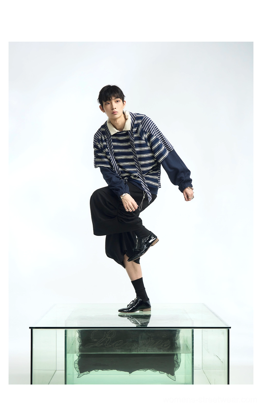Blue and white oversized striped hooded scarf T-shirt full body view with asymmetric layered sleeve styling