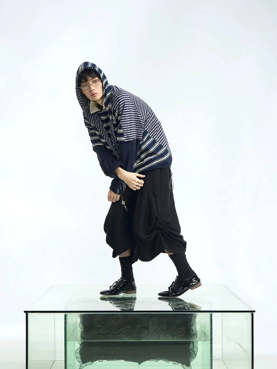 Blue and white oversized striped hooded scarf T-shirt side view showing layered hood detail