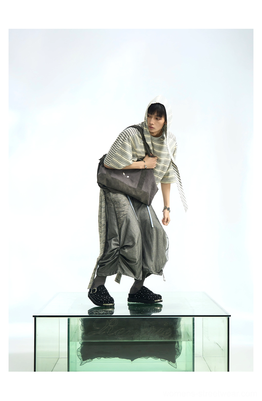 Gray and white striped oversized hooded scarf T-shirt back detail with loose draped silhouette