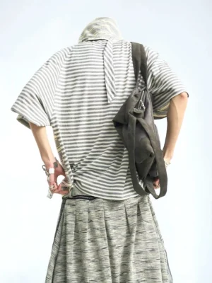 Gray and white oversized striped hooded scarf T-shirt back view with dropped shoulders and layered scarf detail