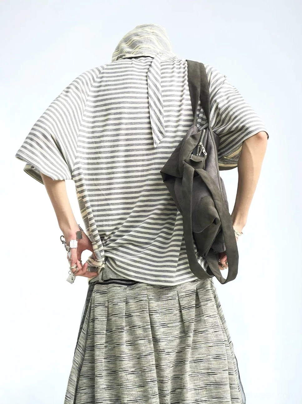 Gray and white oversized striped hooded scarf T-shirt back view with dropped shoulders and layered scarf detail