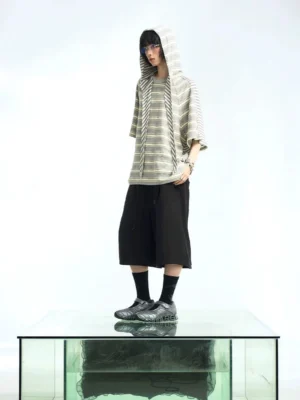 Gray and white oversized striped hooded scarf T-shirt front view with relaxed streetwear fit