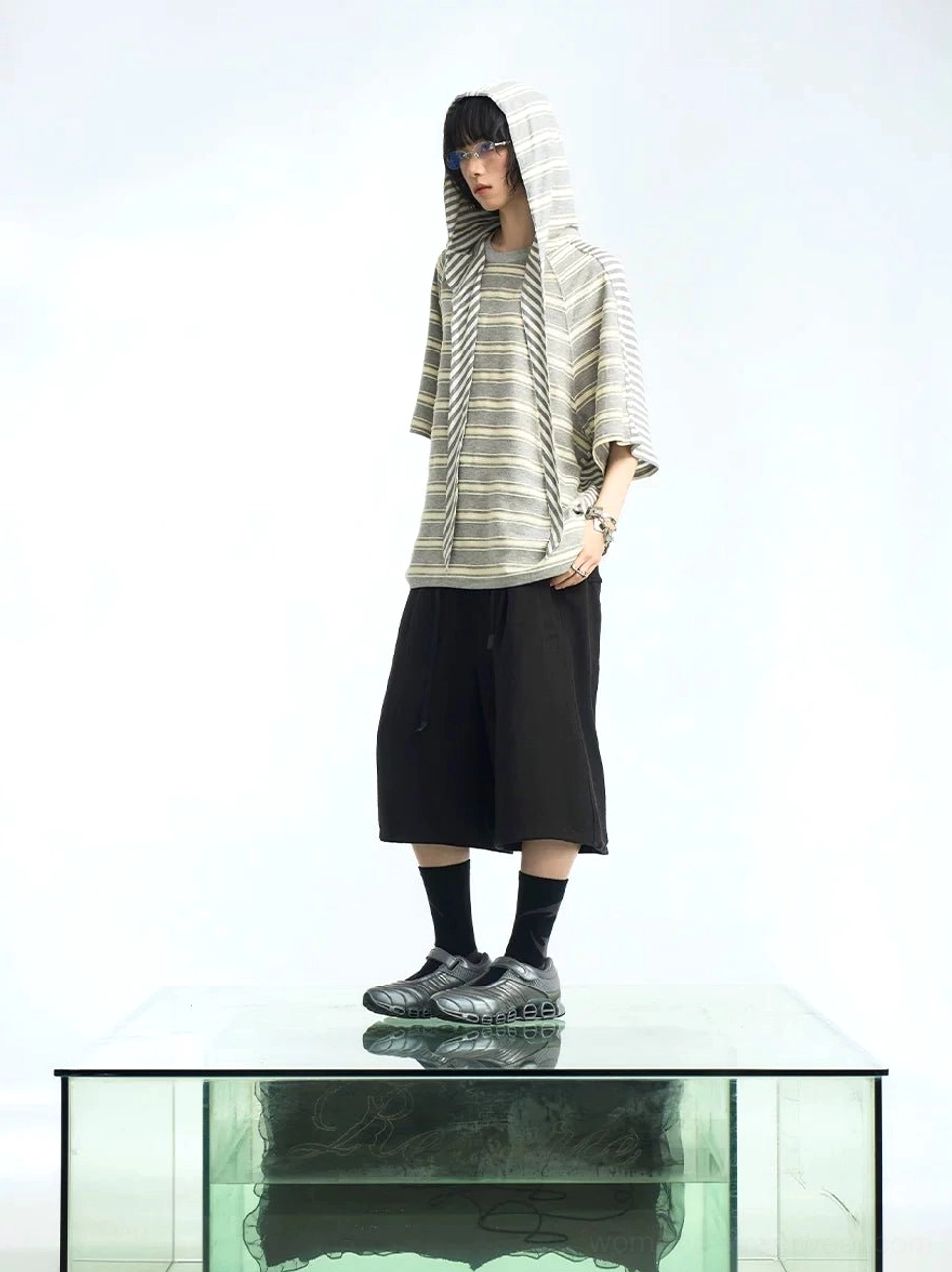 Gray and white oversized striped hooded scarf T-shirt front view with relaxed streetwear fit