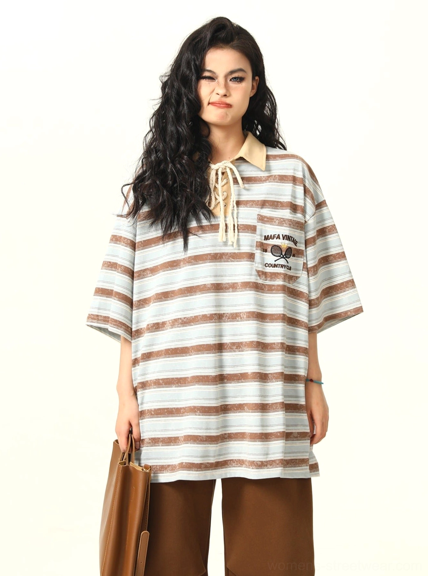 Oversized striped lace-up rugby polo shirt contrast collar and striped fabric detail