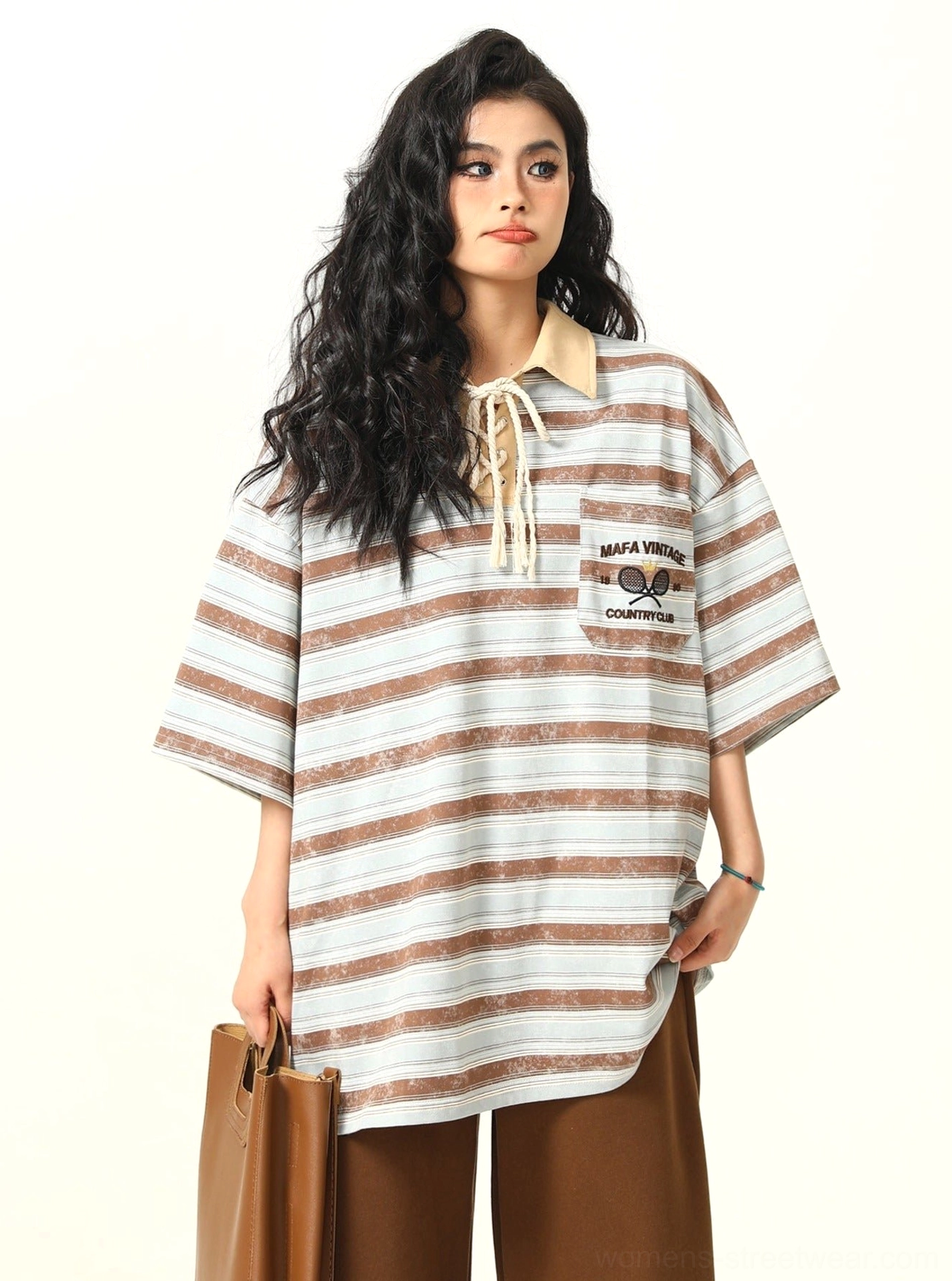 Oversized striped lace-up rugby polo streetwear shirt product detail view