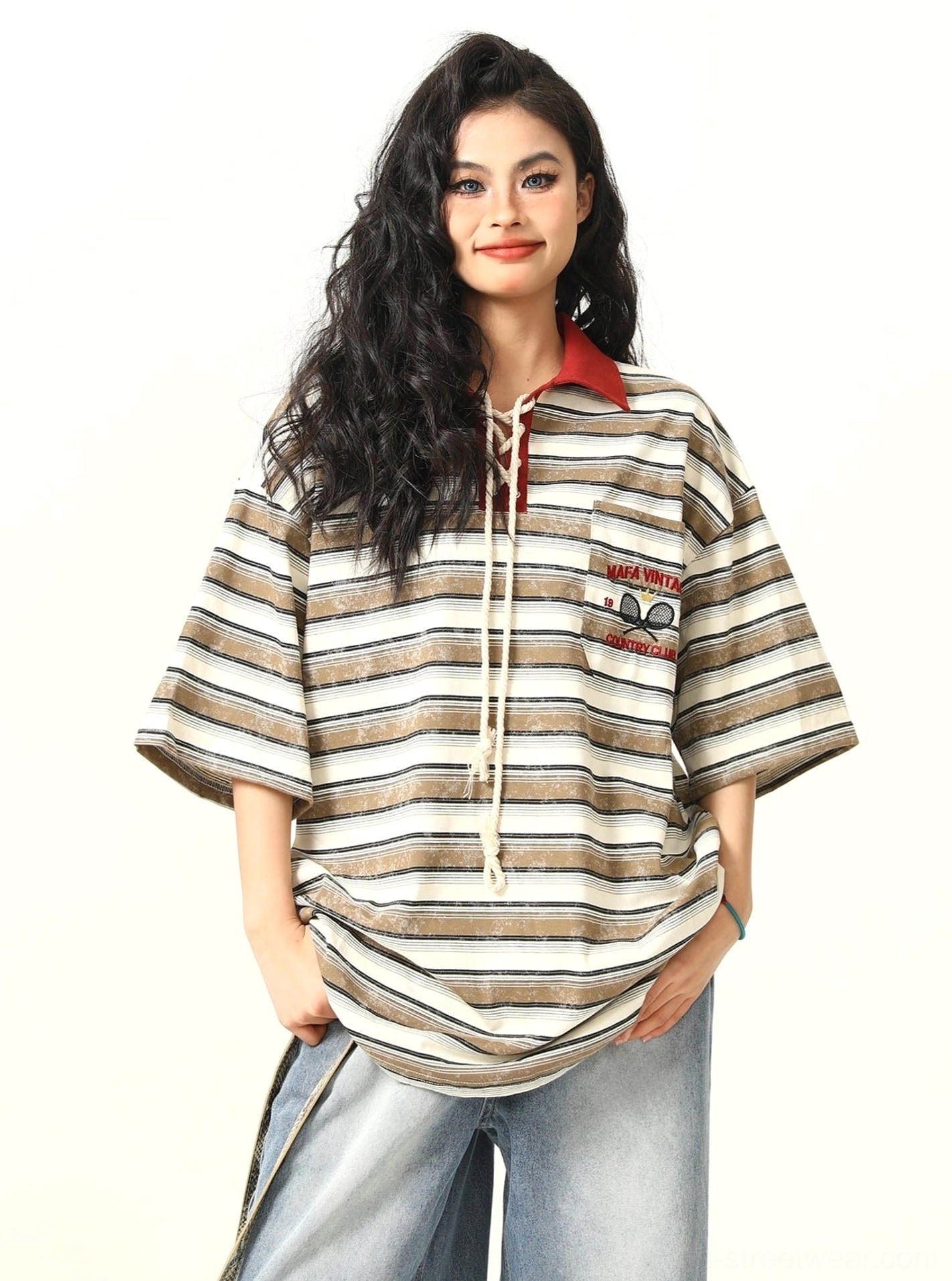 Red brown oversized striped lace-up rugby polo streetwear shirt front full body outfit view