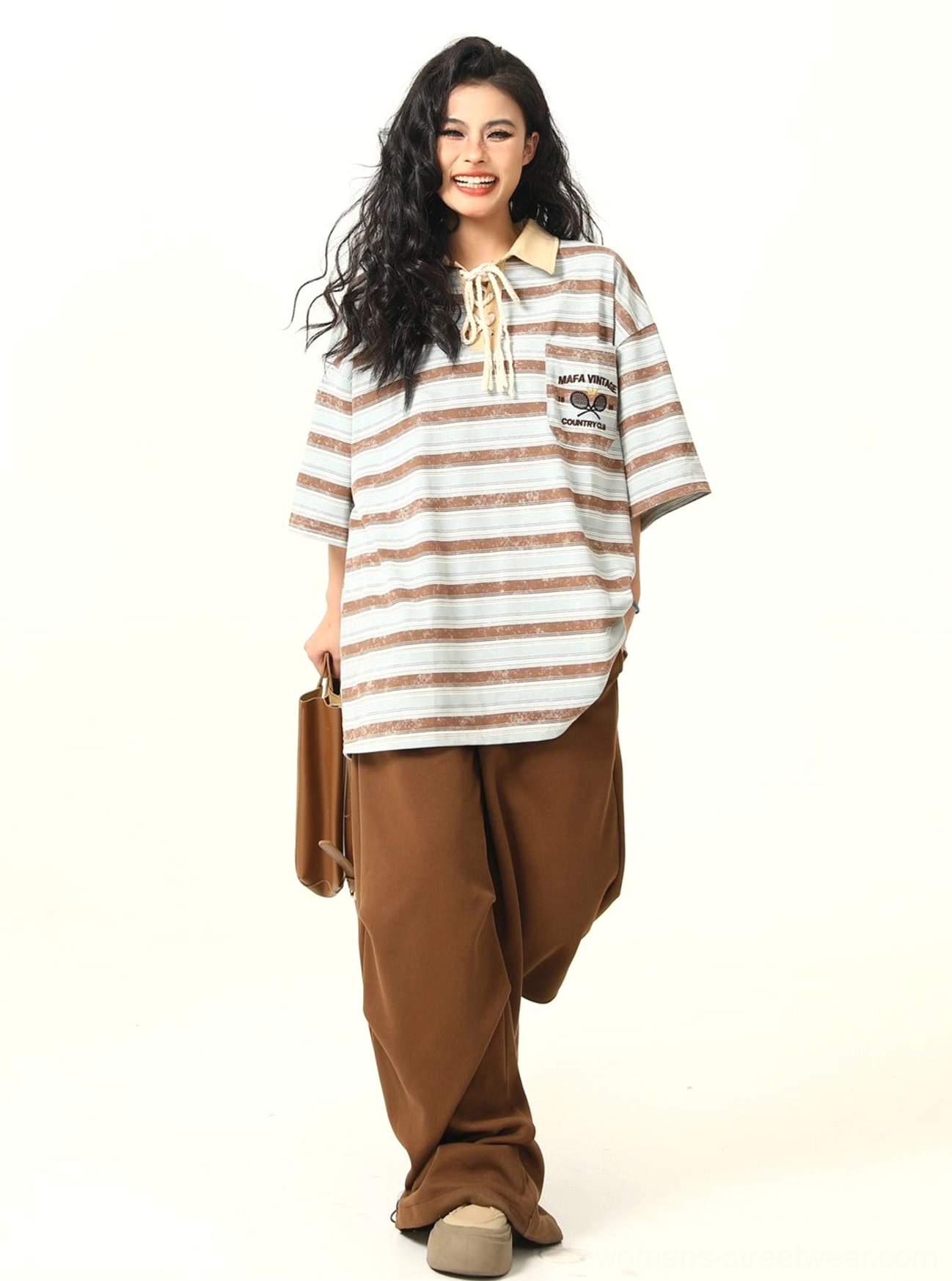 Oversized striped lace-up rugby polo shirt relaxed silhouette product view