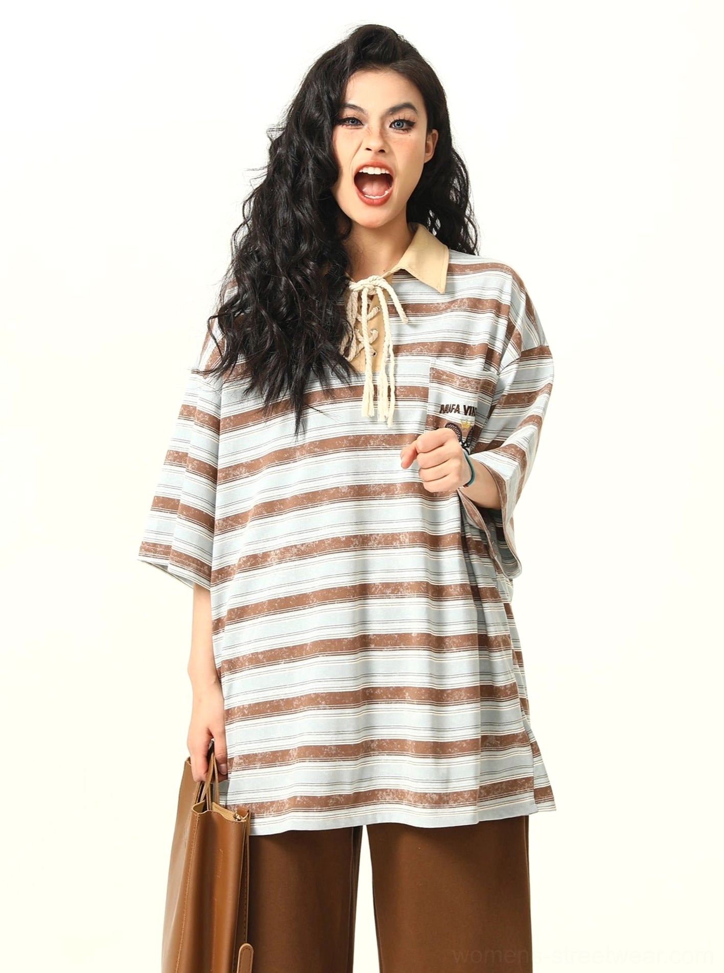 Oversized striped lace-up rugby polo streetwear shirt relaxed short sleeve detail