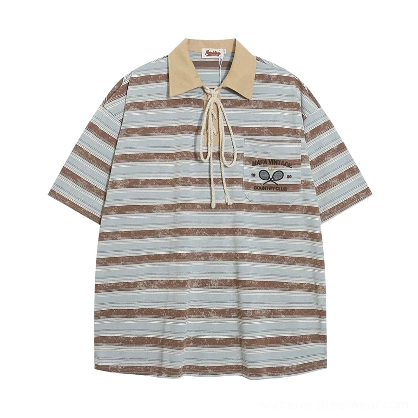 Oversized striped lace-up rugby polo streetwear shirt striped pattern product detail