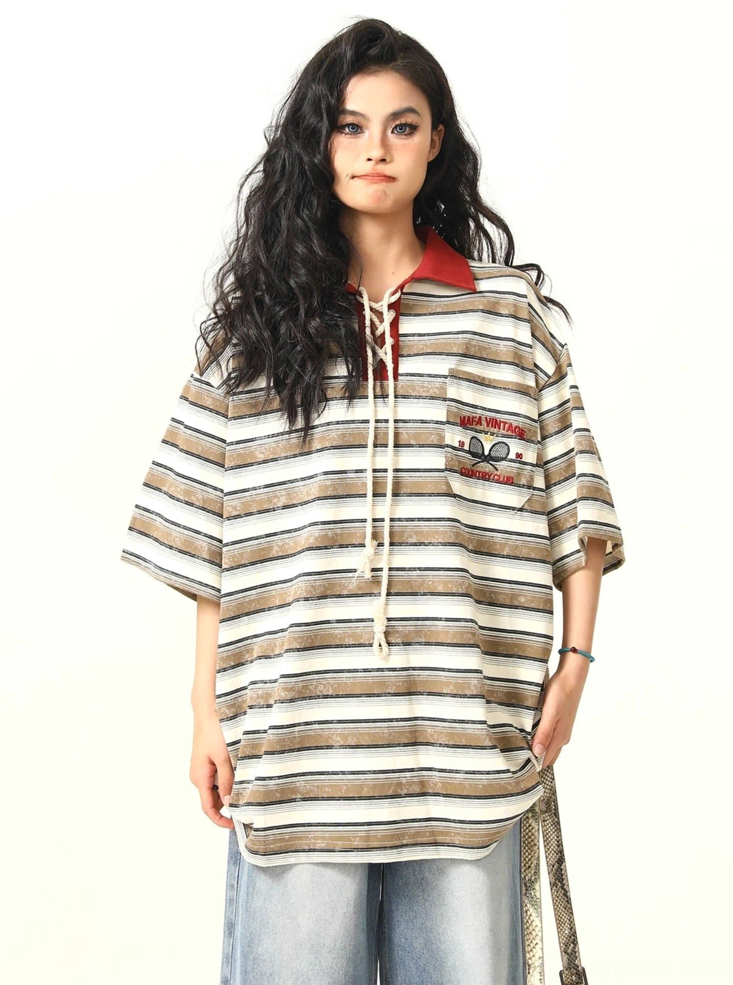 Women's oversized striped rugby polo streetwear shirt three quarter view with long lace ties