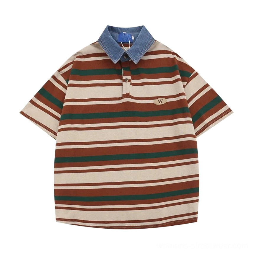 Brown green beige oversized striped polo shirt with denim collar relaxed streetwear fit product image