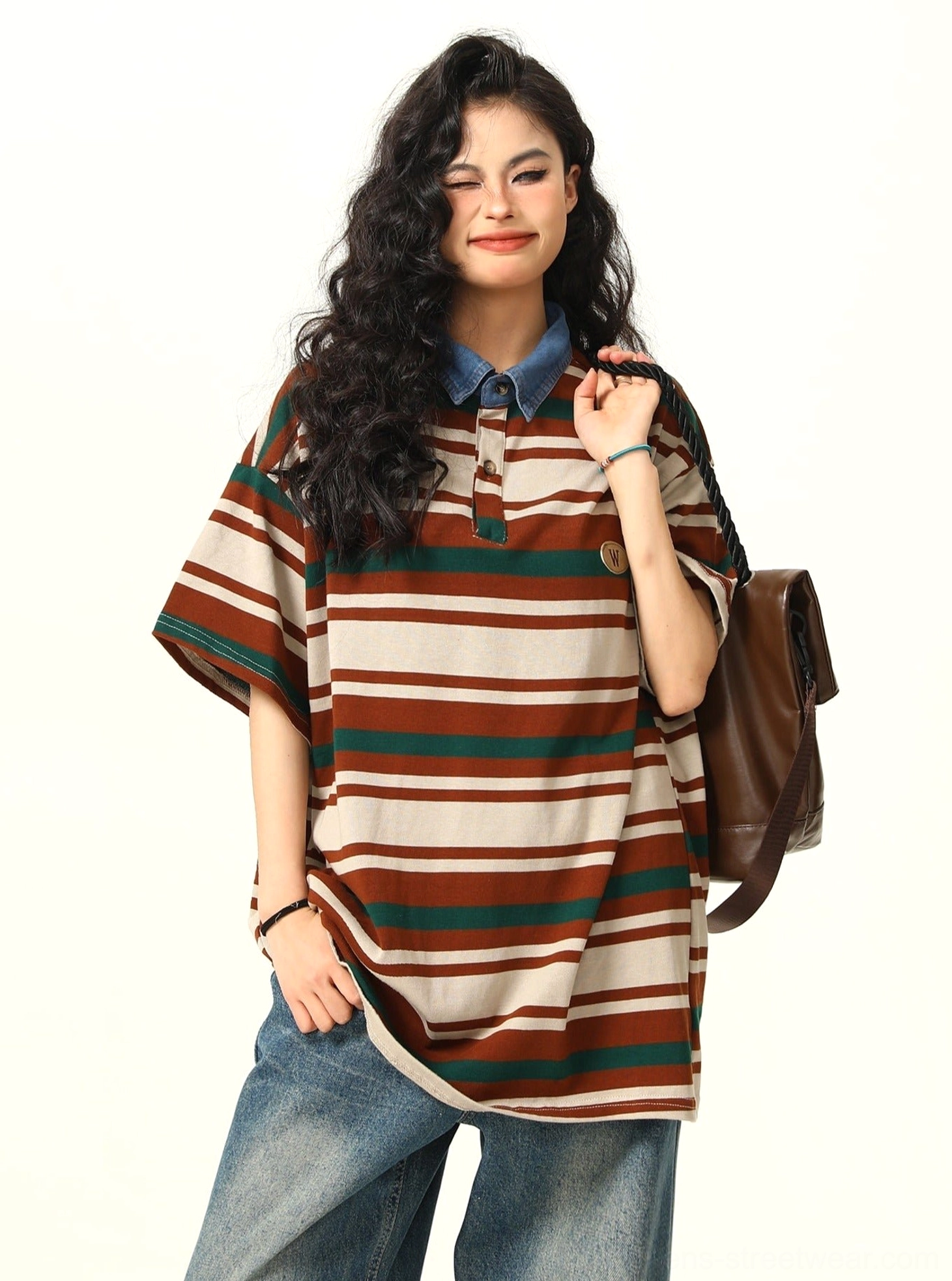 Relaxed brown green beige striped polo shirt with contrast denim collar styled with jeans and leather tote bag