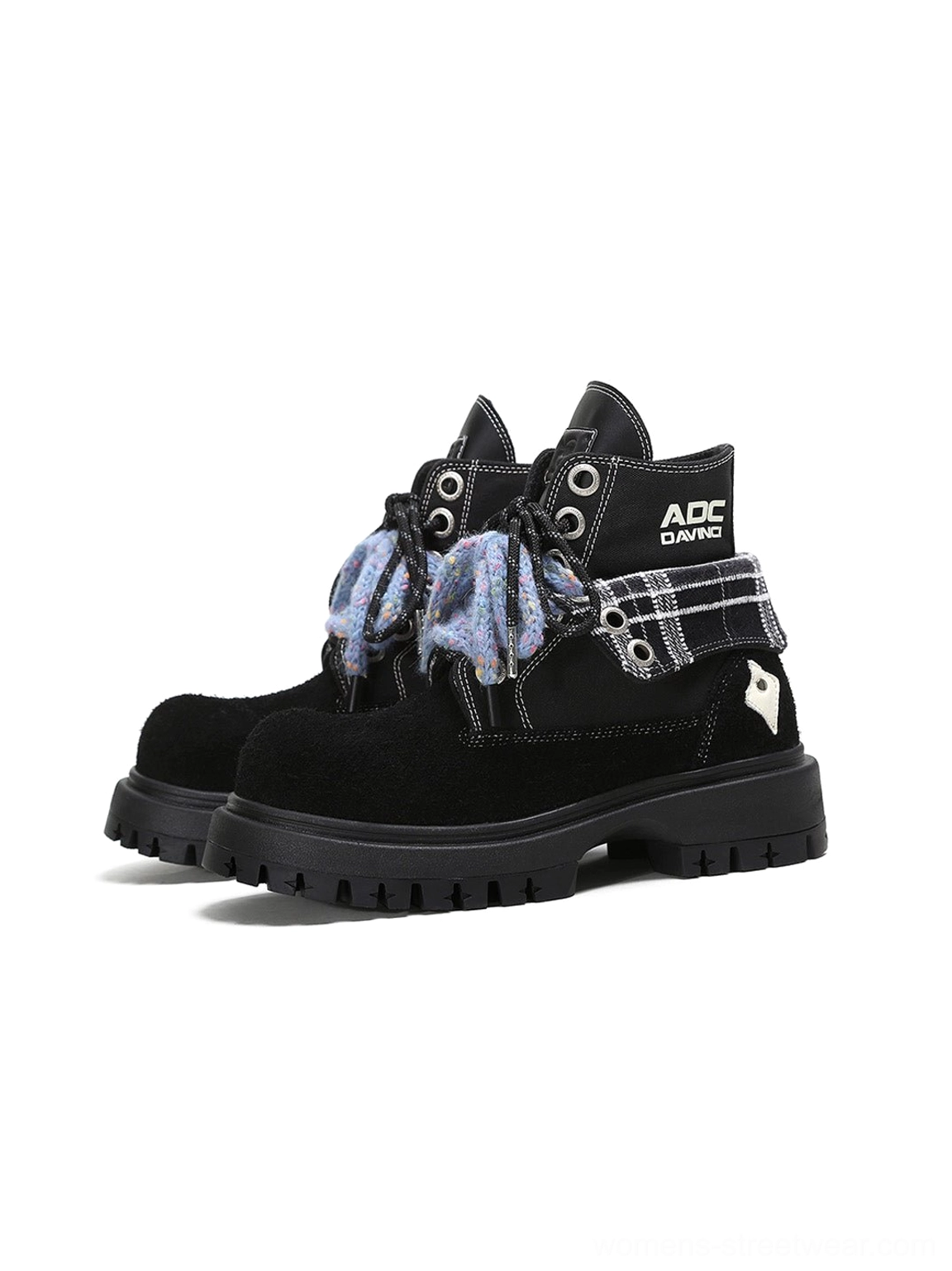 Oversized two-tone suede-look work boots with chunky lug sole and contrast streetwear-inspired panel design