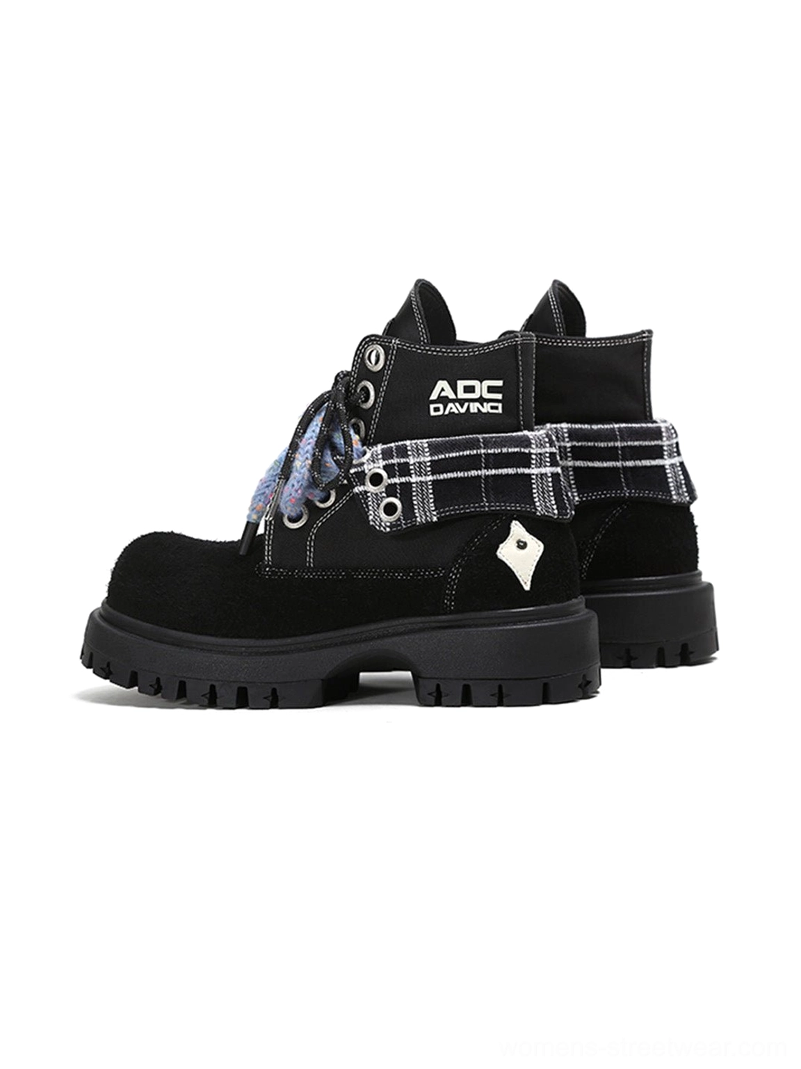 Oversized two-tone suede-look work boots featuring fuzzy laces, padded collar and heavy lug sole