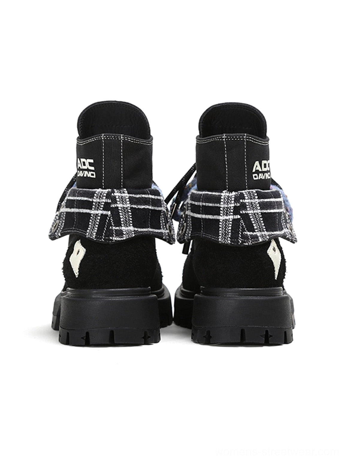 Oversized two-tone suede-look work boots designed for Korean streetwear, baggy denim and cargo styling