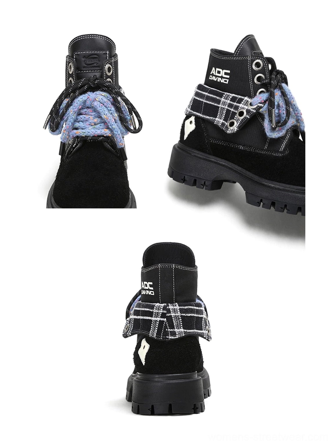 Oversized two-tone work boots with textured suede-look panels and elevated chunky black outsole