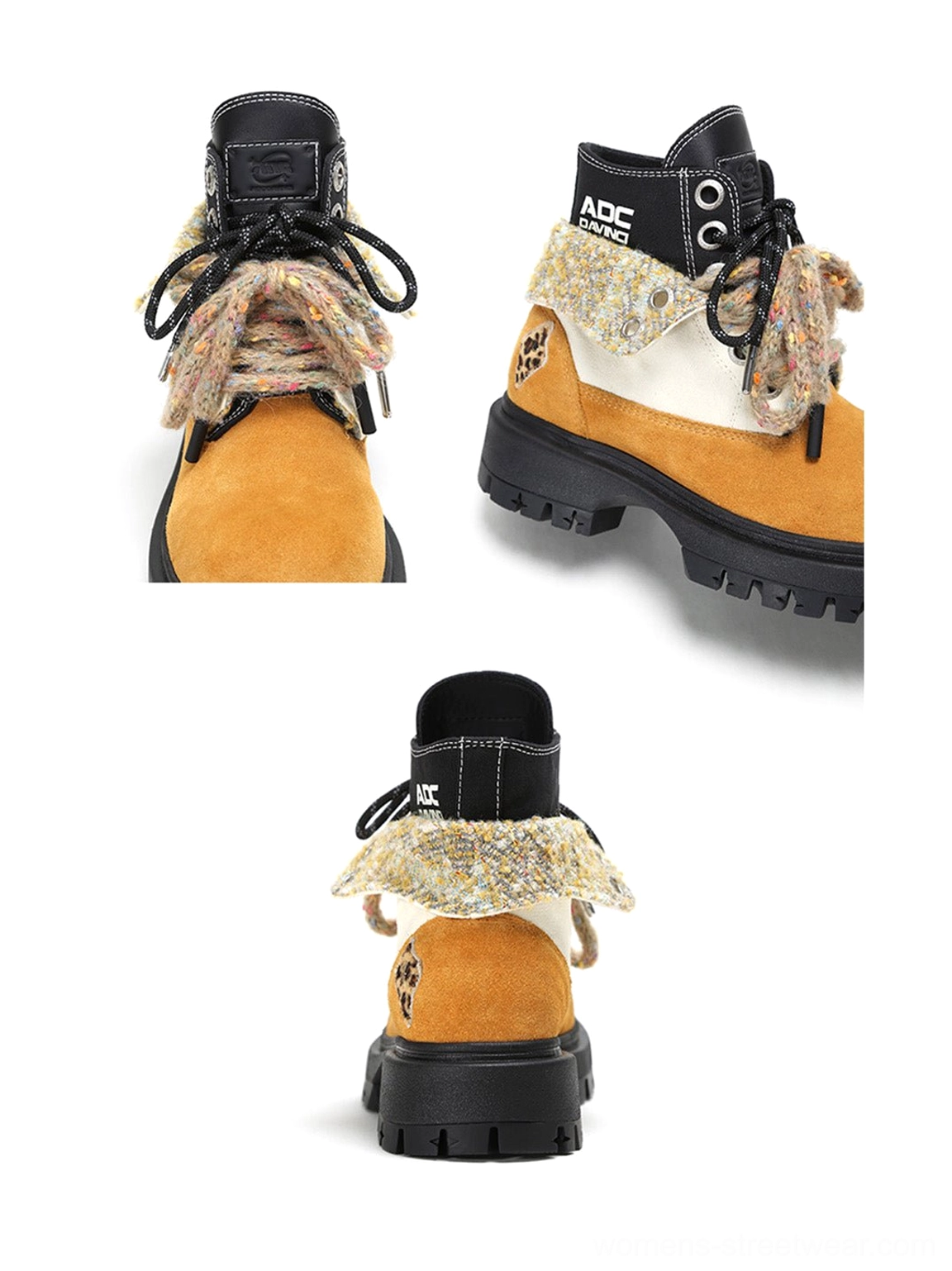 Detailed front, side and rear views of oversized two-tone suede-look work boots with textured panels and lug sole