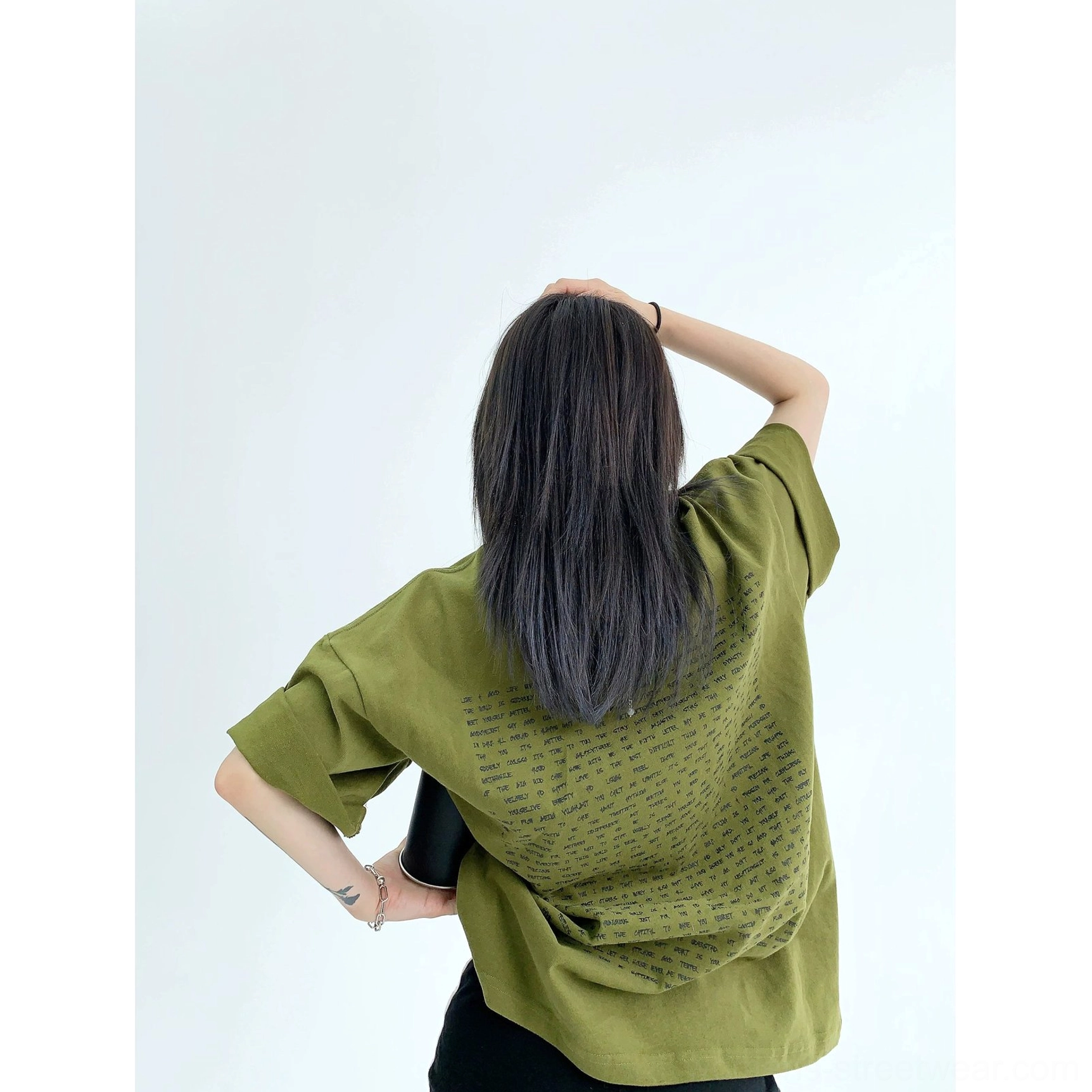 Army green oversized typography back print streetwear cotton T-shirt product image