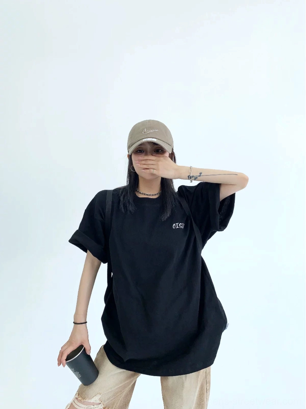 Black oversized typography back print streetwear cotton T-shirt front full body outfit styling