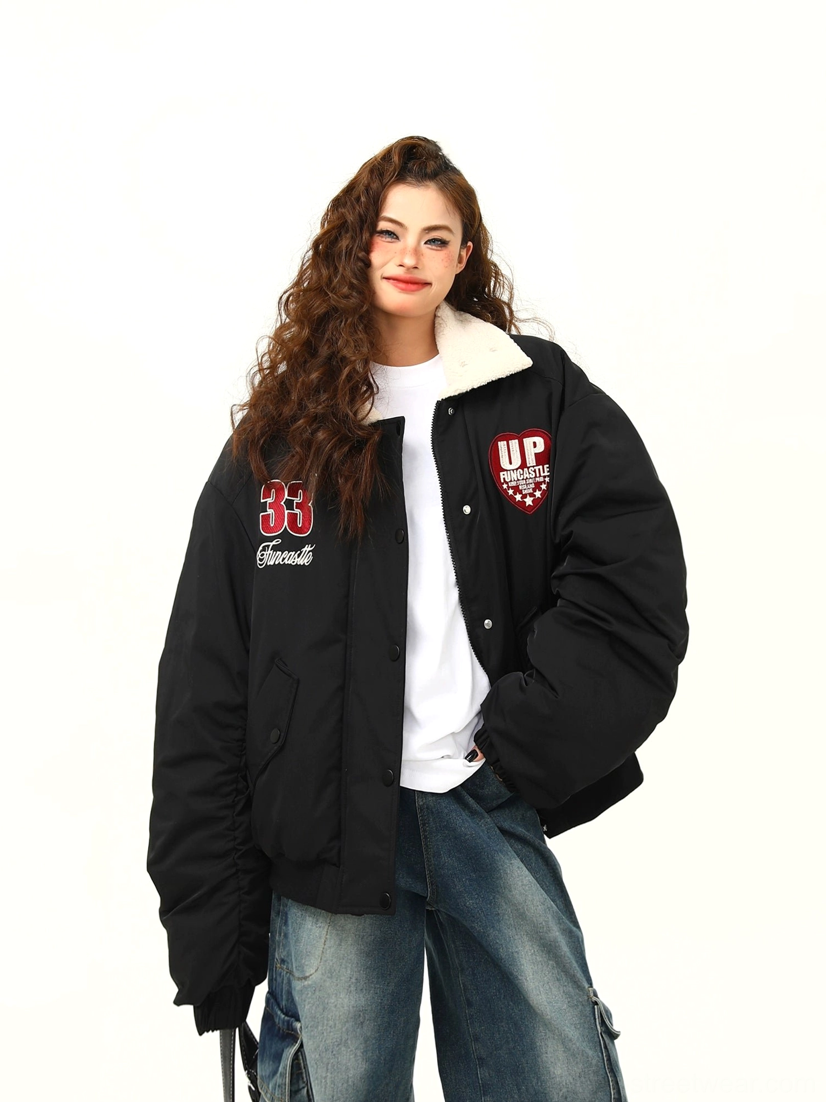 Oversized varsity patch bomber jacket with fleece collar detailed product view